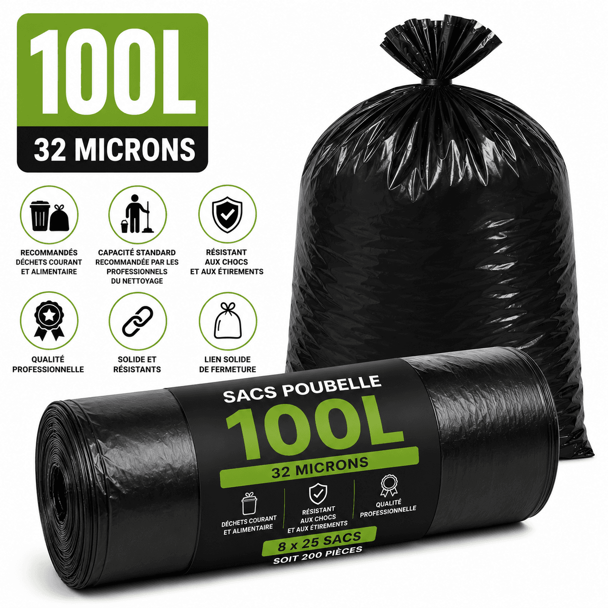 Sacs poubelle 100 L — Usage professionnel et haute résistance