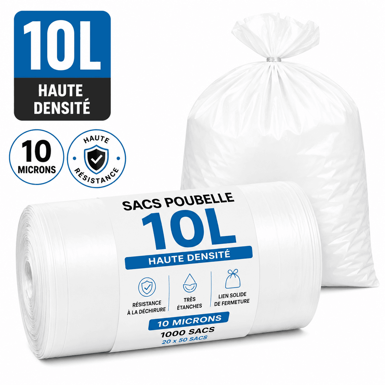 Sacs poubelle blancs 10 L Haute Densité — Solides, Étanches et Pratiques