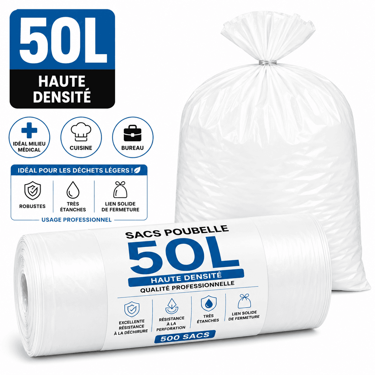 Sacs poubelle blancs 50 L — Performance et fiabilité pour un usage professionnel