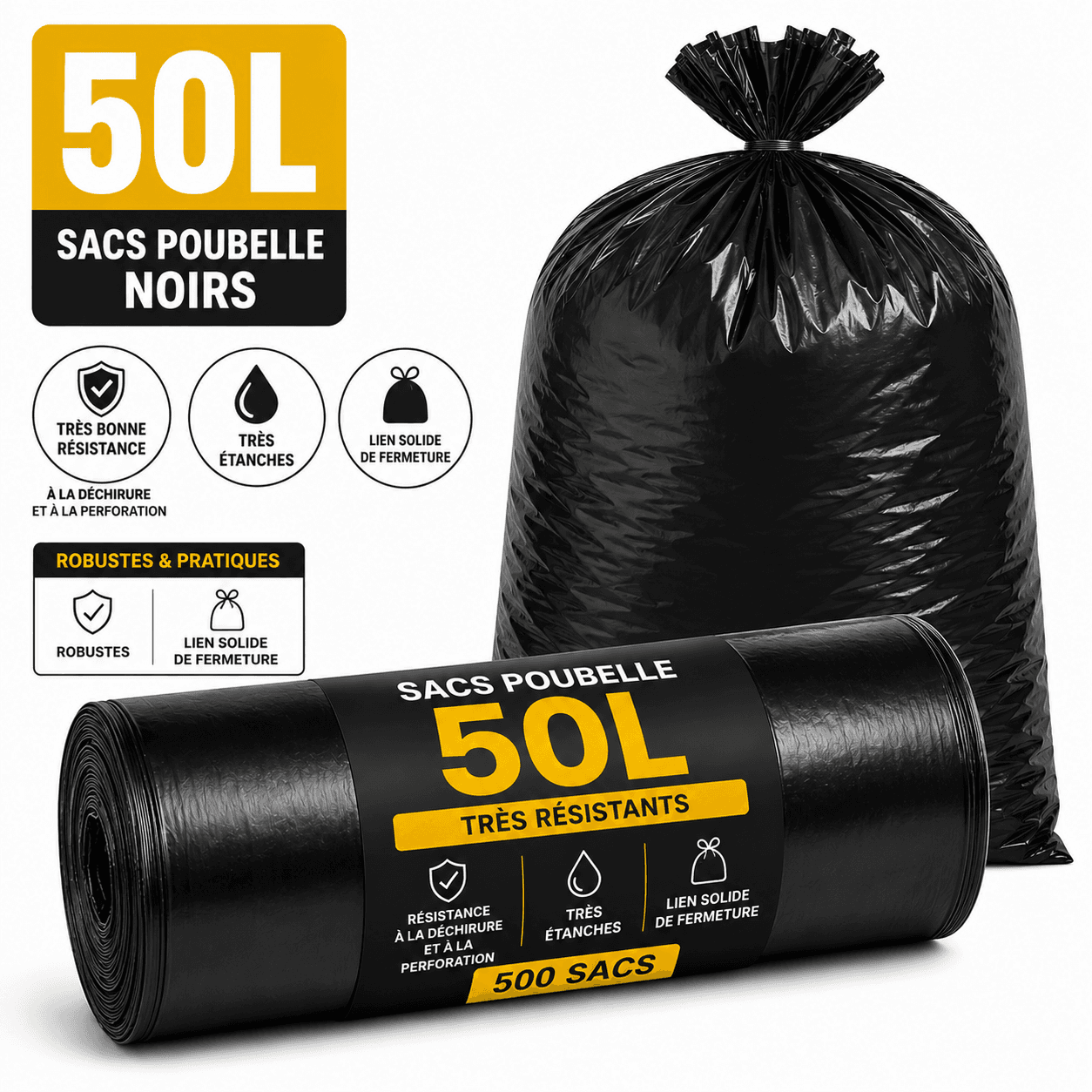 Sacs poubelle noirs 50 L — Grande capacité et résistance renforcée